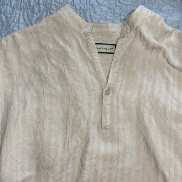 Havanera Beige Striped Long Sleeve Shirt L Ramie/Rayon - Picture 2 of 10